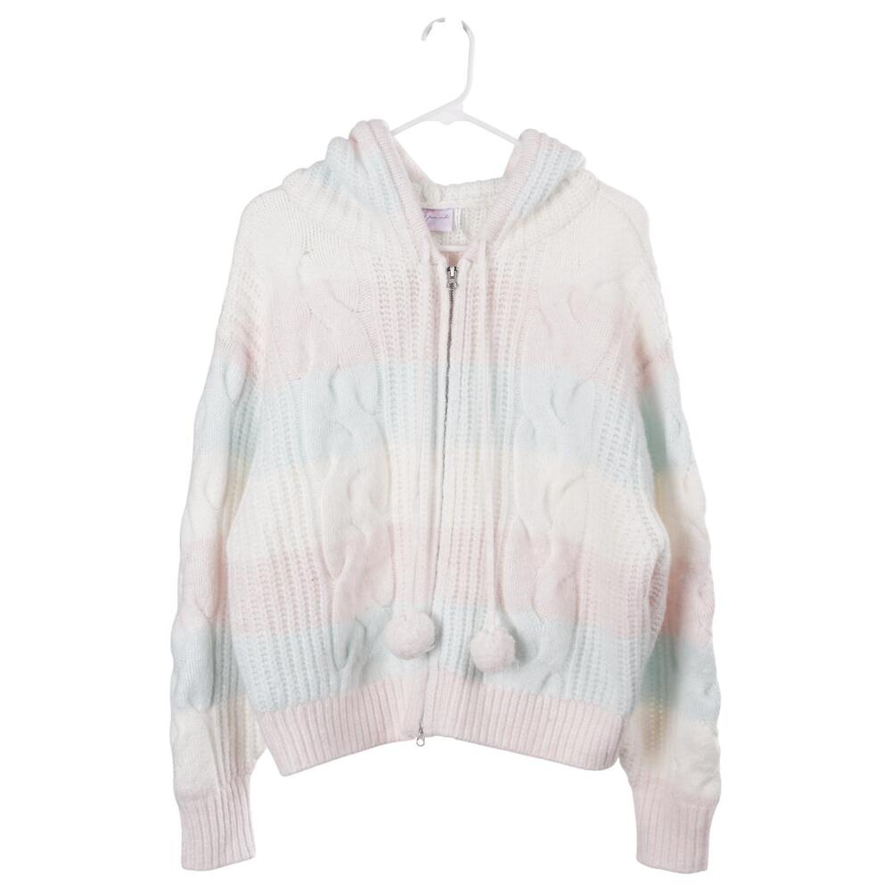 NWT Out From Under Sweaters S Pink Blue Cable Knit Full Zip Hooded Pom Poms